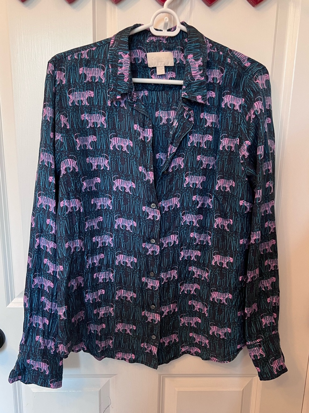 J. Crew Dark Teal Silk Button-Down Shirt with Purple Tiger Print